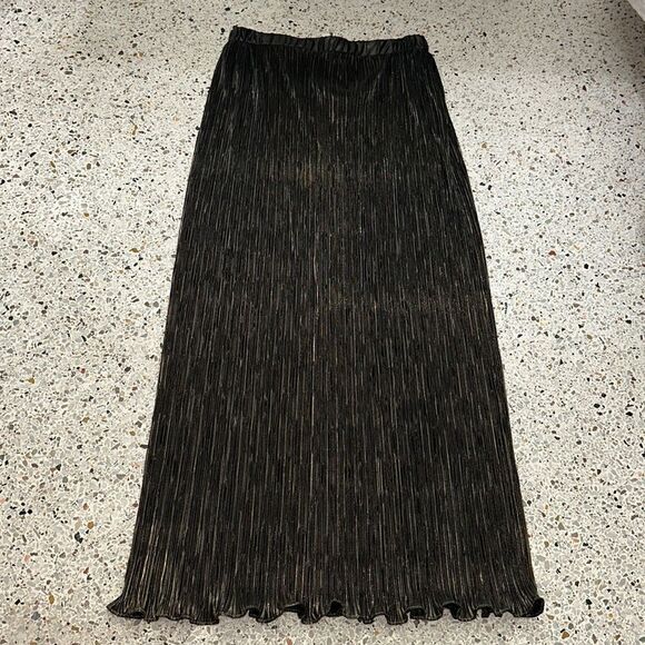 EUC Patra black gold bronze crinkle maxi skirt vintage 12 modern 8 - Picture 1 of 6
